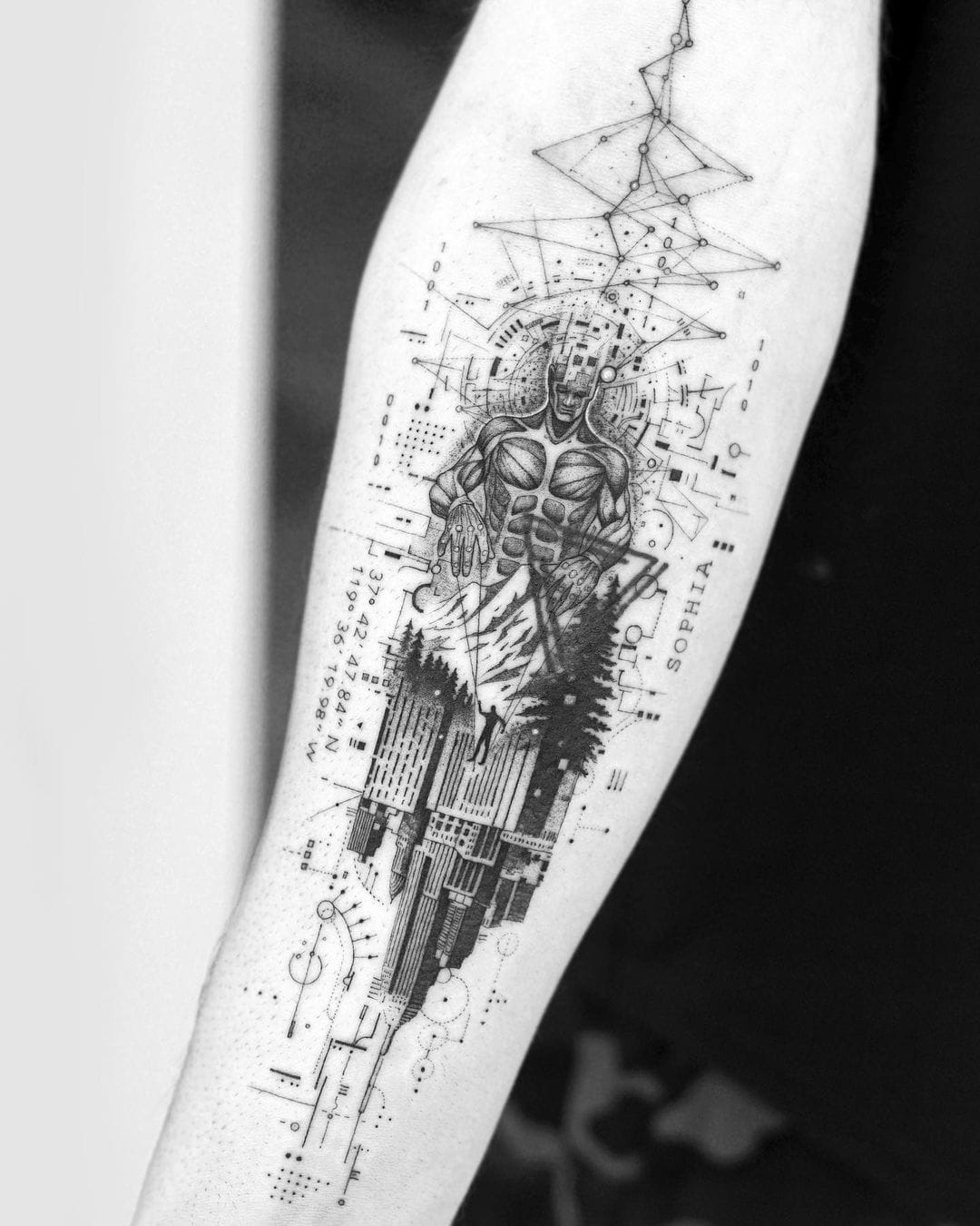 Geometric Fine Line Tattoos Fine Line Geometric Half Sleeve By Peter