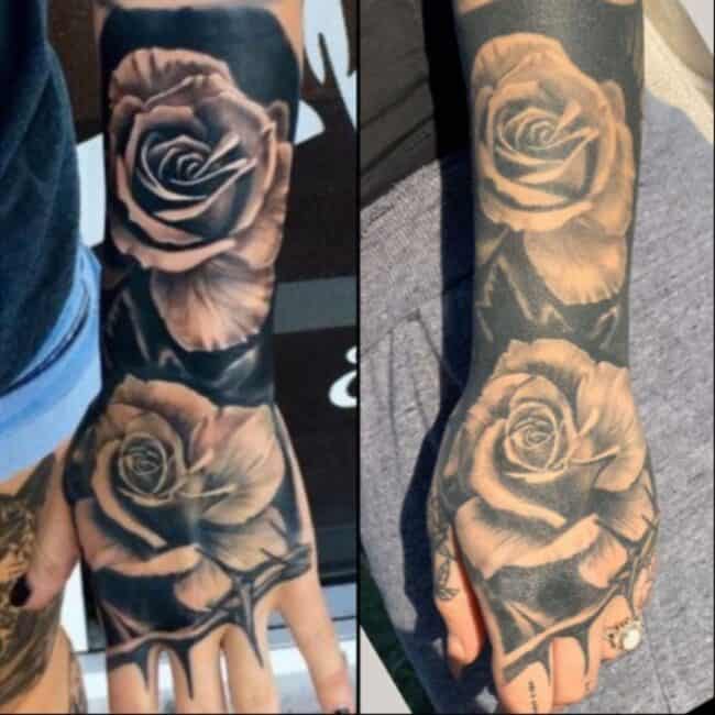 Fresh Vs 3 Years Old Rose Hand Tattoo