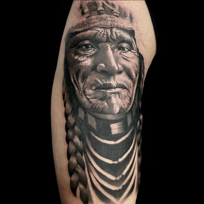Penno-Tattoo-Artist-Realism-Black-And-Grey-Native-American-Man-Chief-Arm-Shoulder-Tattoo