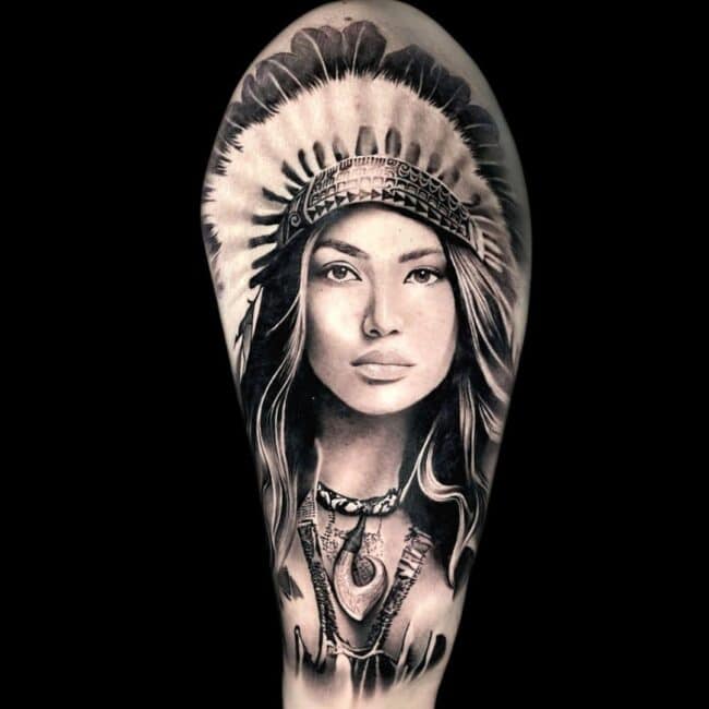 Penno Tattoo Artist Realism Native American Woman Feathers Tattoo