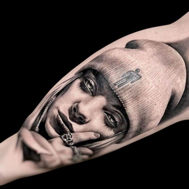 Penno Tattoo Artist Realism Portrait Black And Grey Girl With Hoodie Leg Tattoo