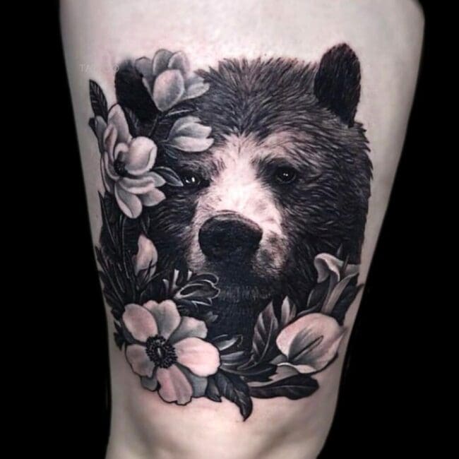 Sunny Realism Bear Flowers Leg Tattoo 1