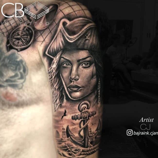 CJ Tattoo Artist Realism Black and Grey Girl Head Hat Anchor Sea Seagull Pirate Arm Sleeve Tattoo