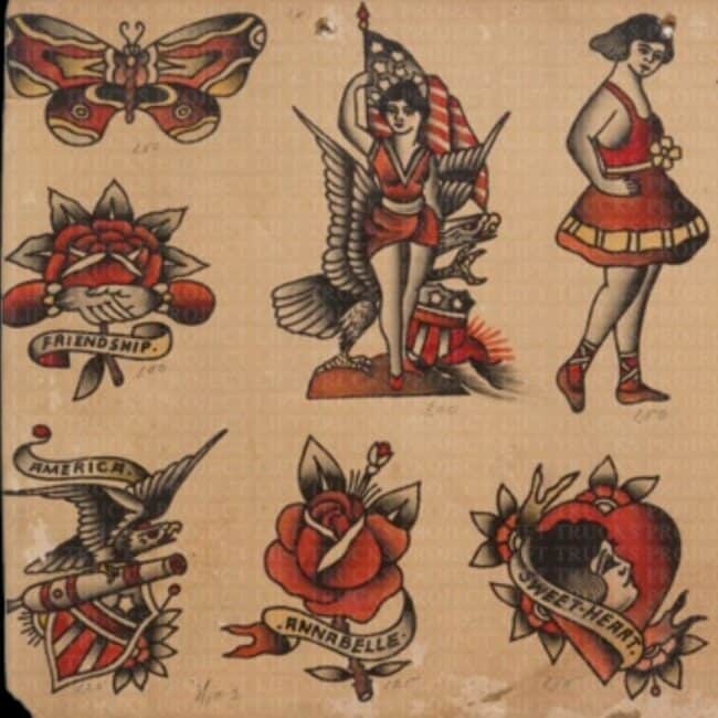 Cap Coleman Flash Sheet Traditional Tattoos Women in Red Dress Red Rose Red Heart Woman Head Colourful Butterfly