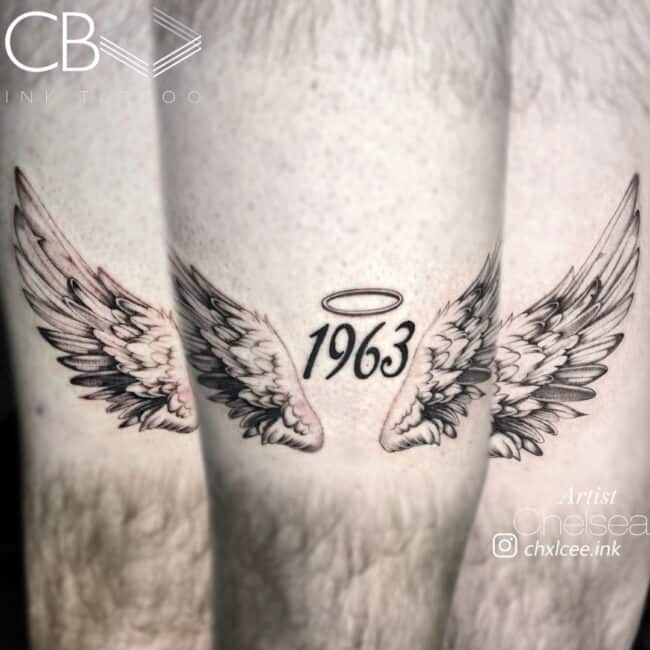 Chelsea Tattoo Artist Realism Writing Black and Grey Angel Wings 1963 Halo Calf Tattoo