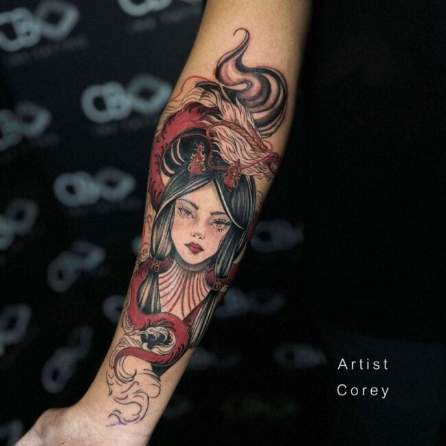 Corey Tattoo Artist Traditional Colour Girl Head Black Hair Red Lipstick Chinese Dragon Forearm Tattoo