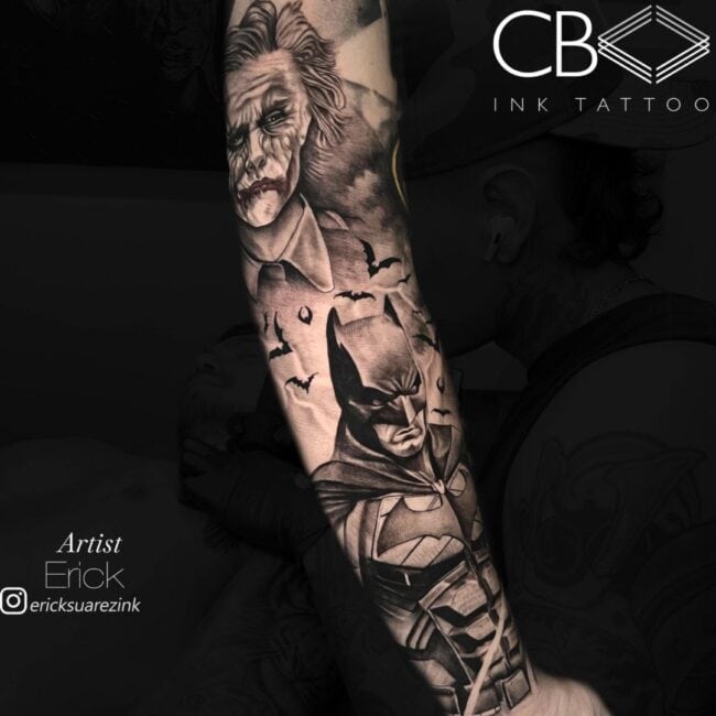 Erick Tattoo Artist Batman and Joker Black and White Realism Full Arm Tattoo