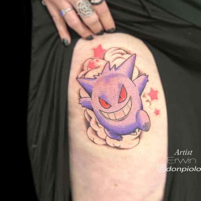 Erwin Tattoo Artis Pokemon Gengar Colour Cartoon Thigh Leg Tattoo