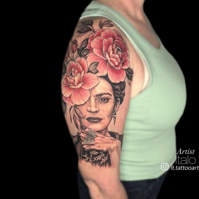 Italo Tattoo Artist Realism Neo Traditional Girl Head Hair Two Red Roses Earrings Arm Sleeve Tattoo
