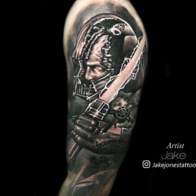 Jake Tattoo Artist Star Wars Darth Vader Anakin Black and White Realism Pop Culture Arm Sleeve Tattoo