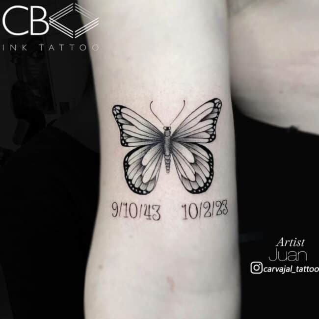 Juan Tattoo Artist Realism Fine-Line Black and Grey Butterly with Writing and Dates Arm Tattoo