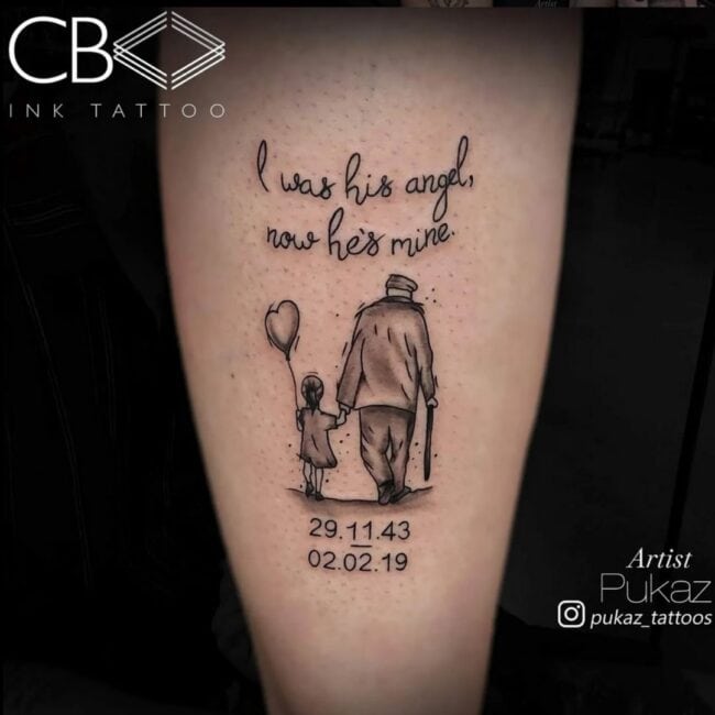 Pukaz Tattoo Artist Fine Line Cartoon Black and Grey Men Walking with Child Holding a Balloon with Writing Above and Dates Below Leg Tattoo, Memorial Tattoo