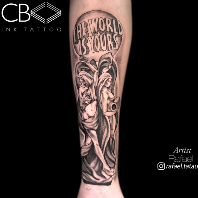 Rafael Tattoo Artist Scarface Two Women with Writing Black and White Traditional Arm Tattoo