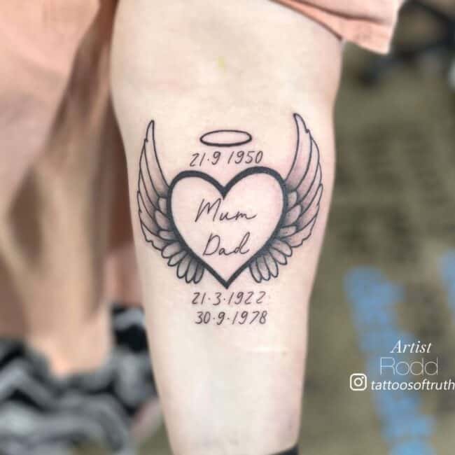 Rodd Tattoo Artist Fine Line Black and Grey Heaert with Angel Wings Halo Writing Mum and Dad Forearm Tattoo