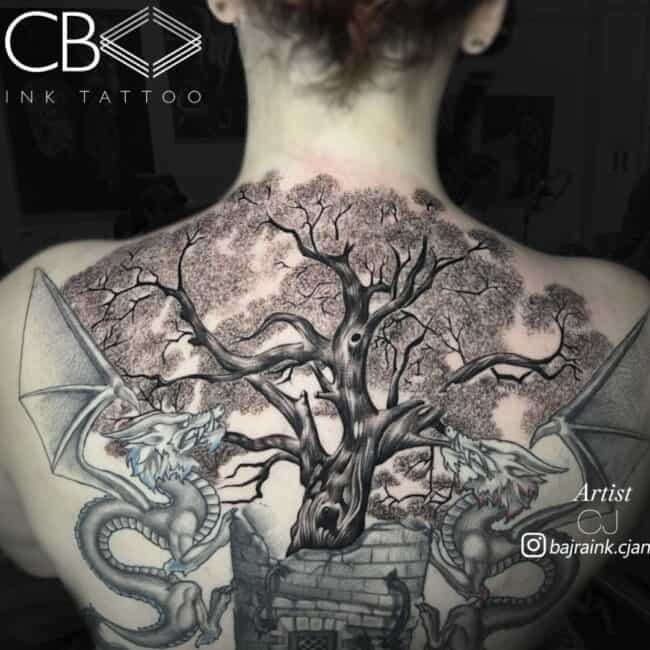 CJ Tattoo Artist Realism Neo Traditional Bonsai Tree and Dragons Standing on Tower Ruins Back Tattoo