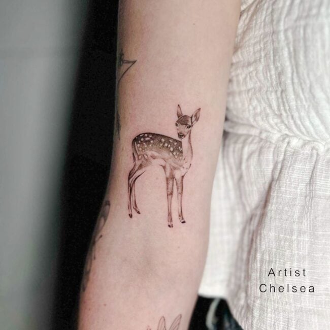 Chelsea Tattoo Artist Realism Black and Grey Full Body Small Doe with Feckles on Back Head Slightly Tilted Arm Tattoo
