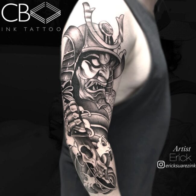 Erick Tattoo Artist Japanese Realism Black and Grey Samurai Full Armor Holding Katana Japanese Writing Sleeve Arm Tattoo