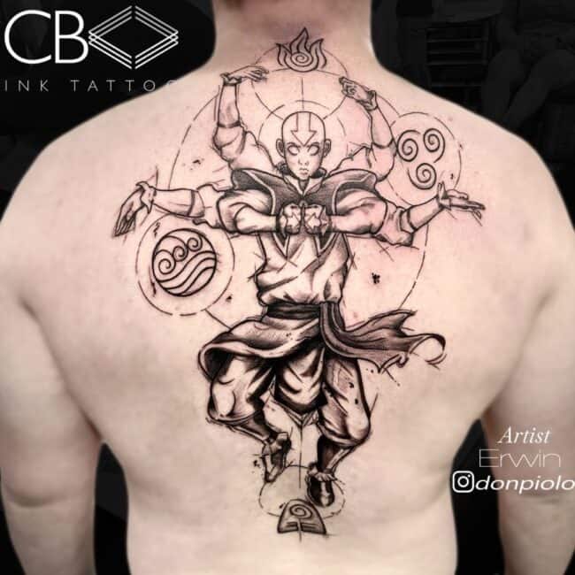 Erwin Tattoo Artist Anime Cartoon Black and Grey The Last Airbender Aang Earth Fire Air Earth Symbols Back Tattoo