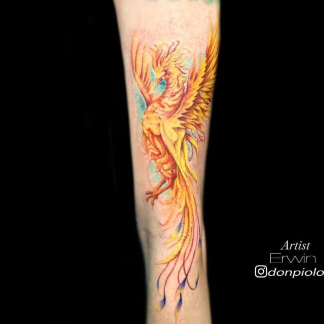 Erwin Tattoo Artist Colour Phoenix Bird Orange Wings Spread Forearm Tattoo