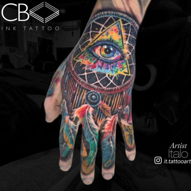 Italo Tattoo Artist Colour All Seeing Eye Triangle Dreamcatcher Feathers Detailed Hand Tattoo