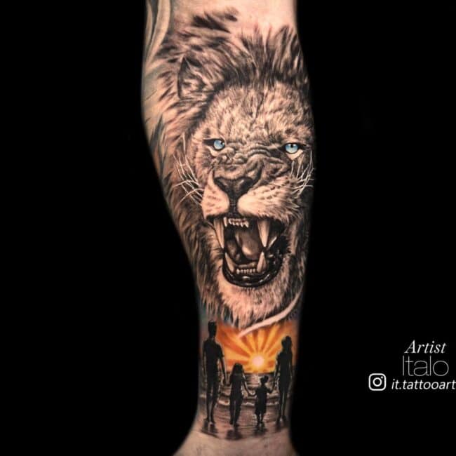 Italo Tattoo Artist Realism Black and Grey and Colour Top Part Lion Head Roaring Sharp Teeth Detailed Mane Bottom Part Family Mom Dad Boy Girl Walking Towards Sunset Full Forearm Tattoo