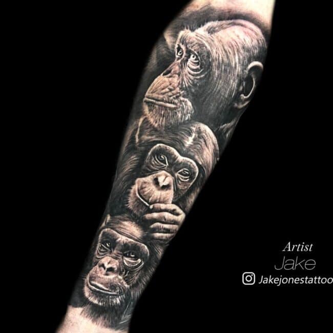 Jake Tattoo Artist Realism Black and Grey Family of Chimpanzee Portrait Three Chimpanzee Family Members Detailed Full Forearm Tattoo