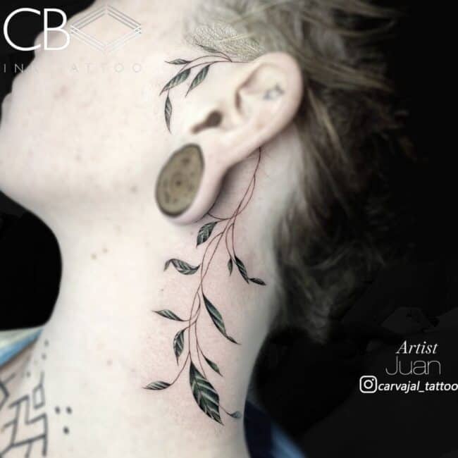 Juan Tattoo Artist Fine Line Colour Minimalistic Vine with Leaves Neck Tattoo