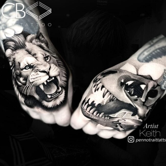 Keith Tattoo Artist Realism Black and Grey Lion Mane Shadow Snarling Detail Dinosaur Skull Shadow Roar Detail Hands Tattoo