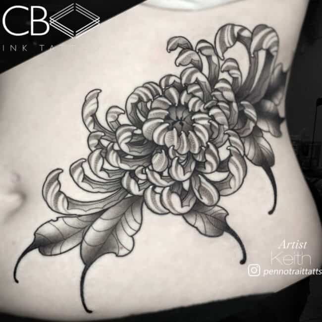 Keith Tattoo Artist Realism Traditional Black and Grey Chrysanthemum Flower Detailed Left Rib Tattoo