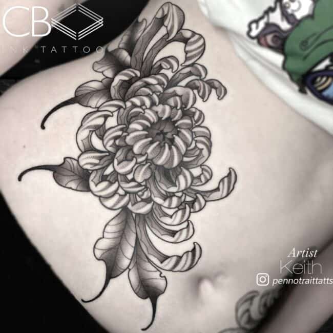 Keith Tattoo Artist Realism Traditional Black and Grey Chrysanthemum Flower Detailed Right Rib Tattoo