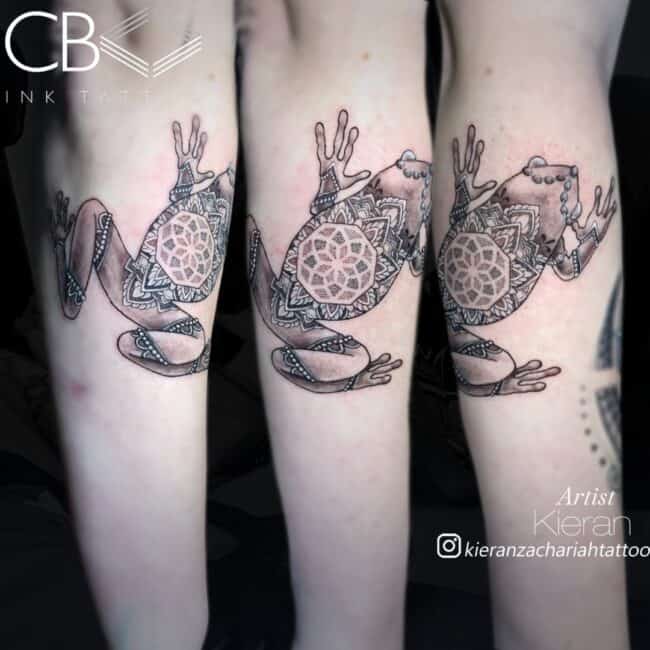 Kieran Tattoo Artist Realism Black and Grey Full Body Frog From Top View Mandala On Frog Back Front Ankle Tattoo