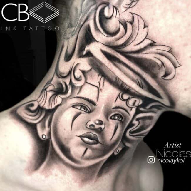 Nicolas Tattoo Artist Chicano black and Grey Cherub With Face Markings and Distinctive Hair Patterns Neck Tattoo
