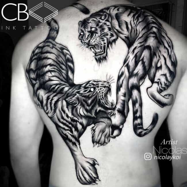Nicolas Tattoo Artist Neo Traditional Black and Grey Two Tigers Circling Each Other Preparing To Fight Snarling Back Tattoo