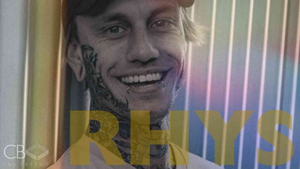 Photo of Rhys Tattoo Artist with RHYS written in Yellow Showcasing Rhys Japanese, Neo Traditional, and Anime Tattoos Blog Image Cover