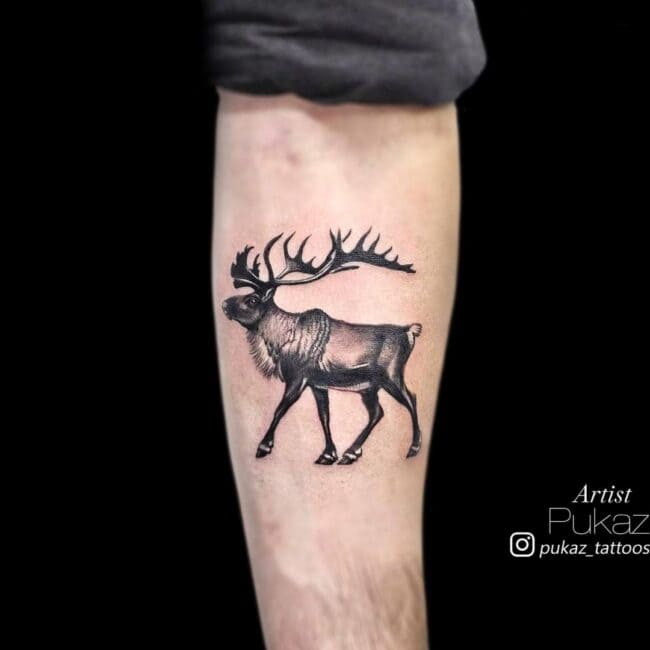 Pukaz Tattoo Artist Realism Black and Grey Moose Elk Walking Huge Horns Full Body Forearm Tattoo