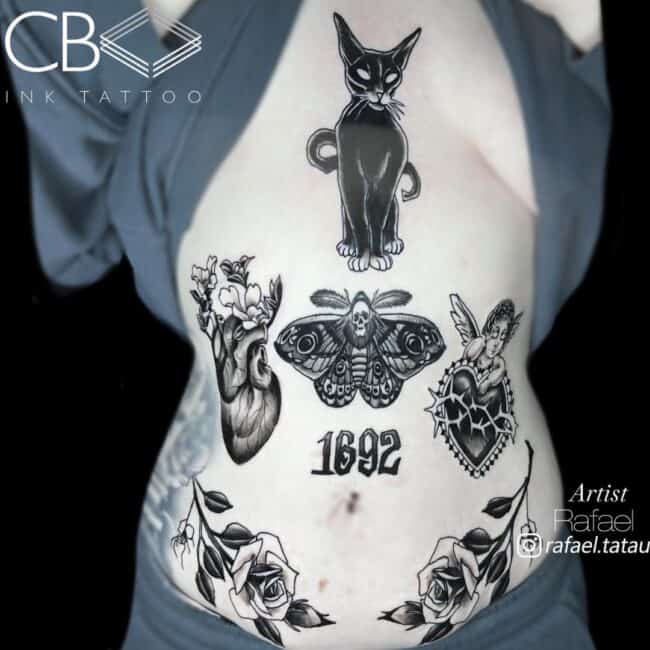 Rafael Tattoo Artist Blackwork Insidious Looking Full Body Cat Wagging Tail Sternum Tattoo