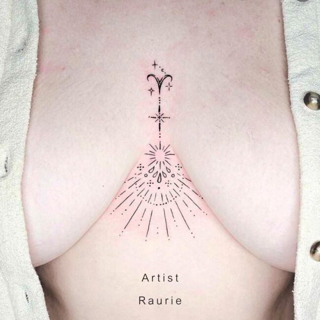 Raurie Tattoo Artist Fine Line Sun Sunbeams Dot Symbols With Zodiac Aries Symbol Sternum Tattoo