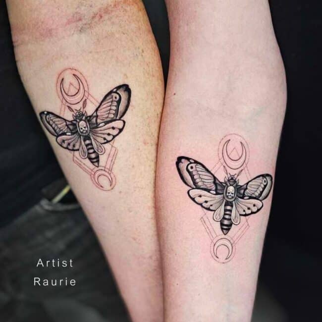 Raurie Tattoo Artist Realism Black and Grey Two Indifferent Moths Detailed Black Lines with Moon Ornaments in the Background Matching Forearm Tattoos