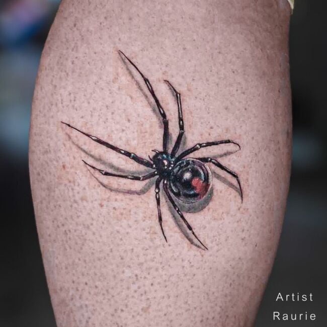 Raurie Tattoo Artist Realism Colour Detailed Black Widow Spider Red Mark on Abdomen Spider Casting Shadow Forearm Tattoo