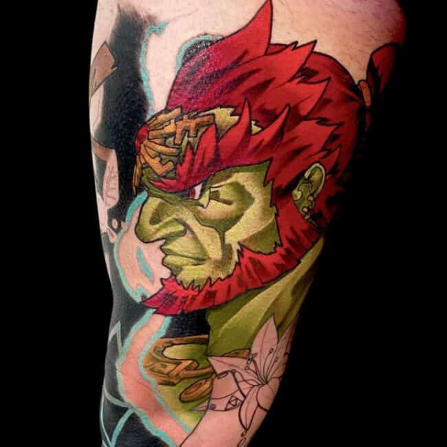 Rhys Tattoo Artist Anime Cartoon Colour Ganon Legend Of Zelda Head Bust Beard Crown Arm Tattoo