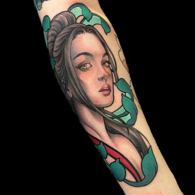 Rhys Tattoo Artist Japanese Neo Traditional Colour Amber-Eyed Woman Portrait Sensual Stare Forearm Tattoo