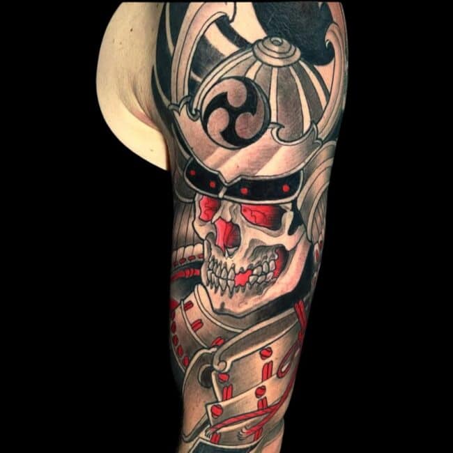Rhys Tattoo Artist Japanese Samurai Skull Red Eye Sockets Samurai Helmet Samurai Armor Half Sleeve Arm Tattoo