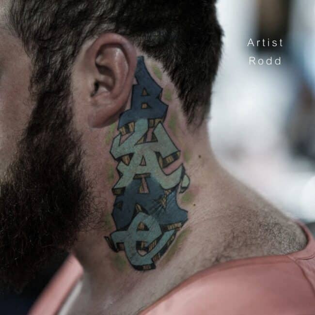 Rodd Tattoo Artist Graffiti Lettering Blue Green Neck Tattoo