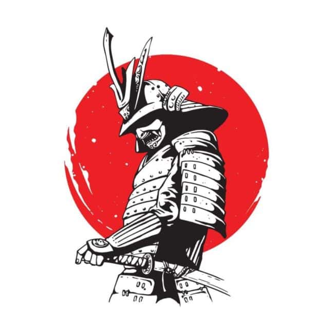 Samurai in Full Armor Black and White Picture with Red Circle Japan Flag in The Background Image