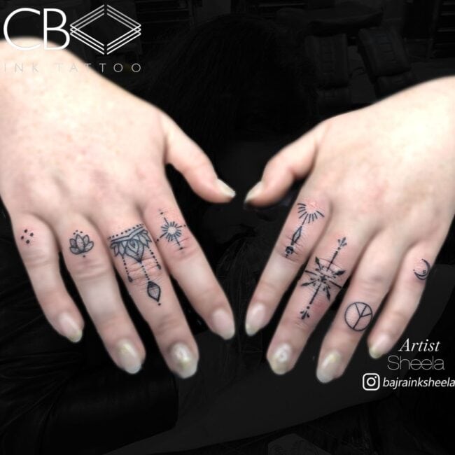 Sheela Tattoo Artist Mandala Geometric Fine Line Lotus Dots Mandala Castle Shape Sun Compass Peace Sign Moon Fingers Hands Tattoo