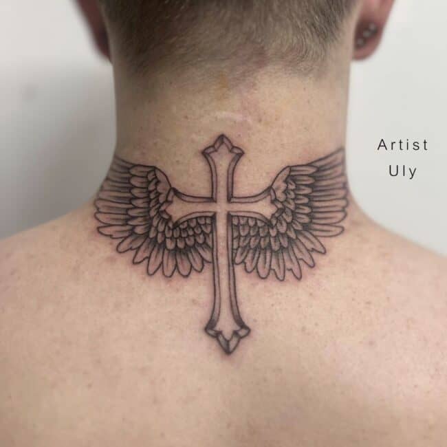 Uly Tattoo Artist Traditional Black and Grey Cross with Detailed Angel Wings Neck Tattoo
