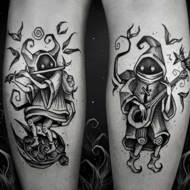 Blackwork Eerie Tattoo with Horns Bird Turtle Guitar Flute Shadow Musicians Dark Surreal and Mysterious Leg Calf Tattoo