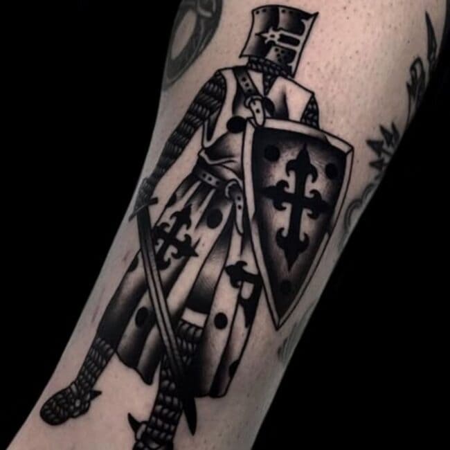 Black and Grey Crusader Knight Full Armour Sword Shield Detailed Forearm Tattoo