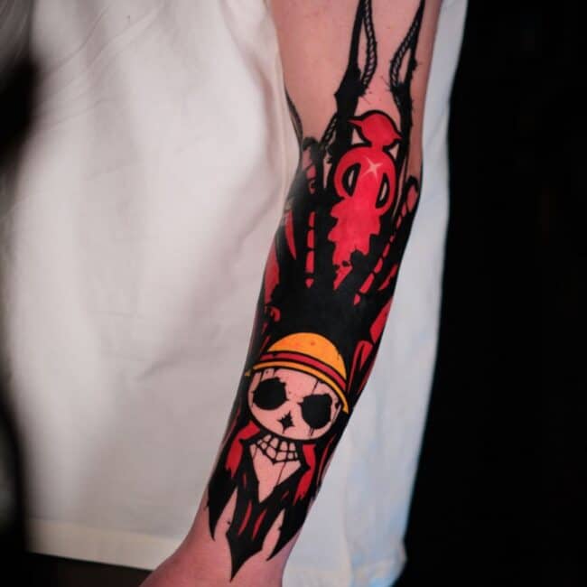 Colour Anime Cartoon Bold Pirate Skull with Shadow Sharp Edges Diamond Skull Teeth Black Eyes Forearm Tattoo