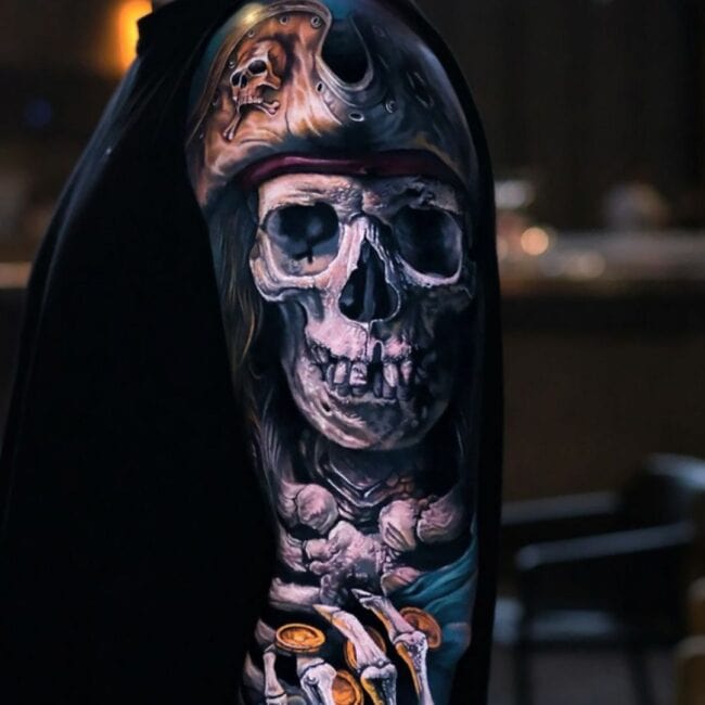Colour Realism Ghost Pirate Tattoo Detailed Skull with Gold Coin Sharp Teeth Pirate Cap Hair Pearls Phalanges Full Arm Forearm Sleeve Tattoo